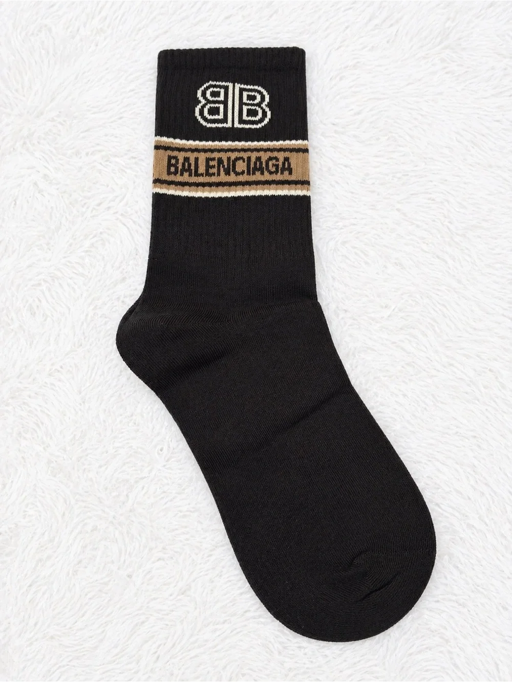 Balenciaga Black Socks with Tan Logo Stripe
